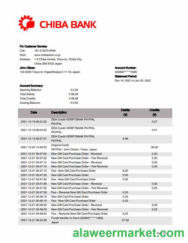 Japan Chiba bank statement template in Word and PDF format.1